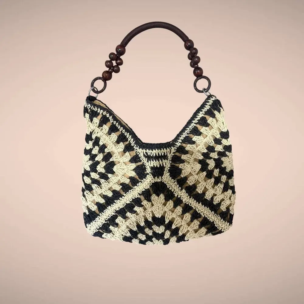 Revolve Boho Crochet Shoulder Bag Black Cream Wood Bead Handle Magnetic Closure - Picture 2 of 5